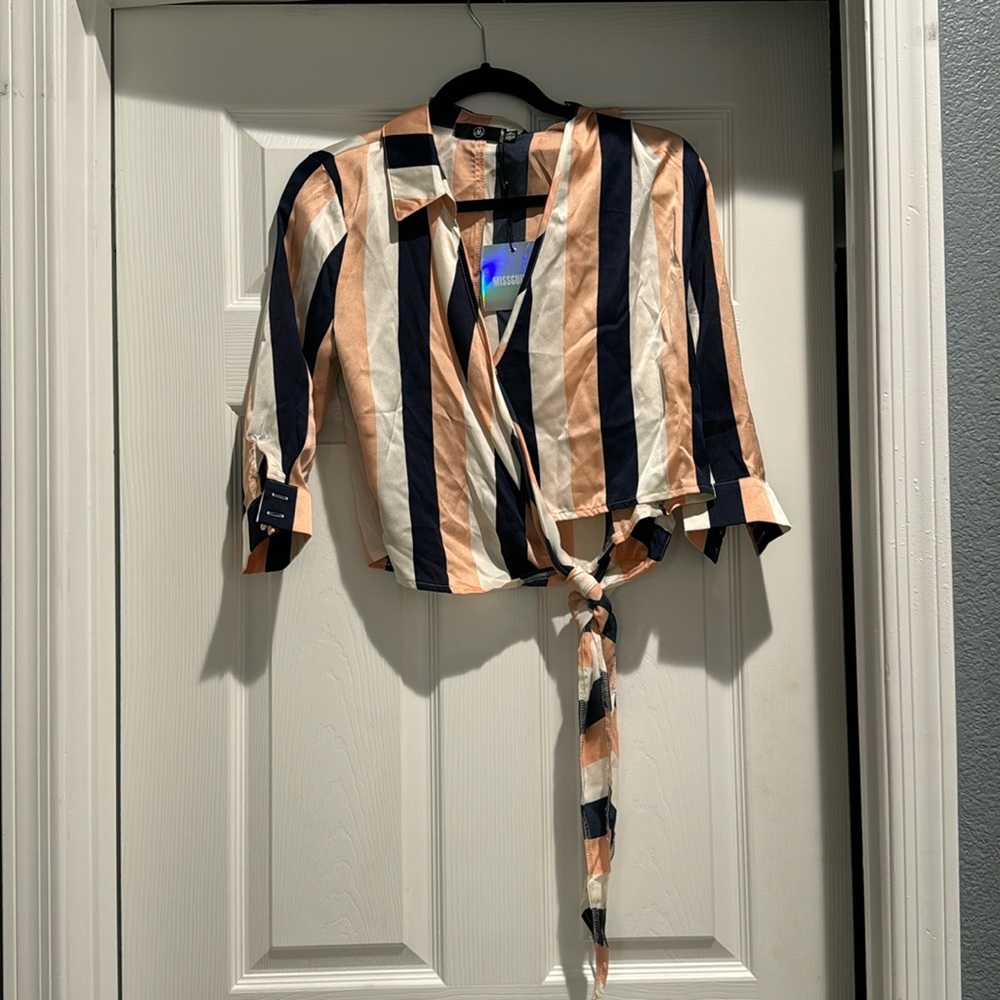 Missguided Striped Wrap Over Blouse